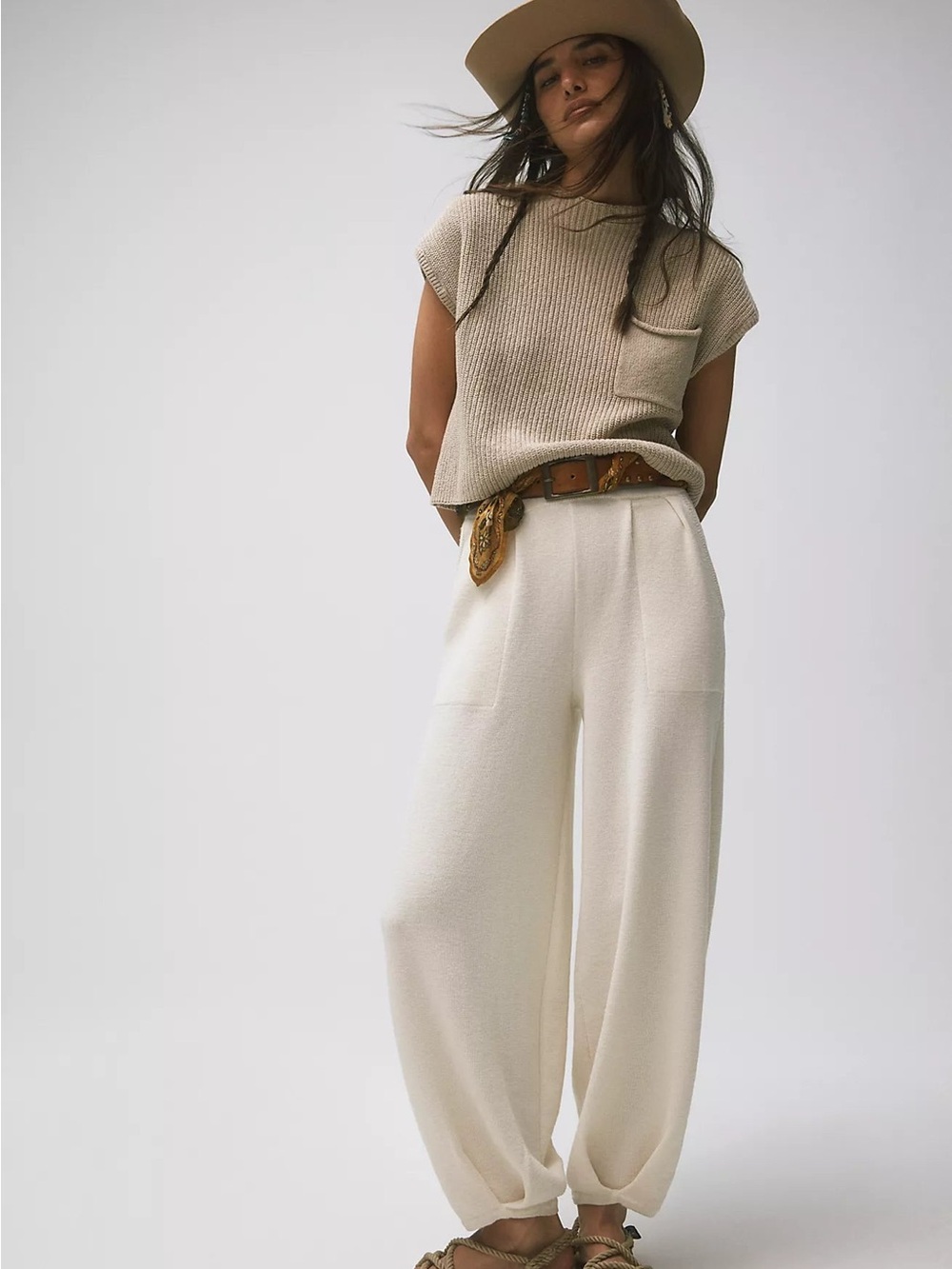 Free People Freya Knit Sweater Cream High-Rise Wide Leg Knit Pants and Top Set M